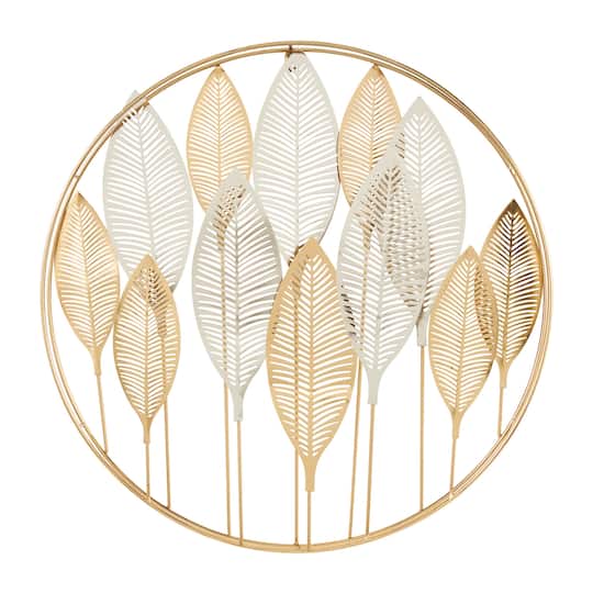 Gold Metal Leaf Wall Décor with Circular Frame and Silver Accents